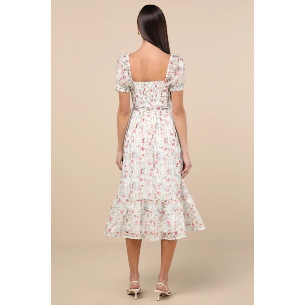NWT Lulus Galiena Ivory Floral Tiered Puff Sleeve Midi Dress L - Picture 4 of 4